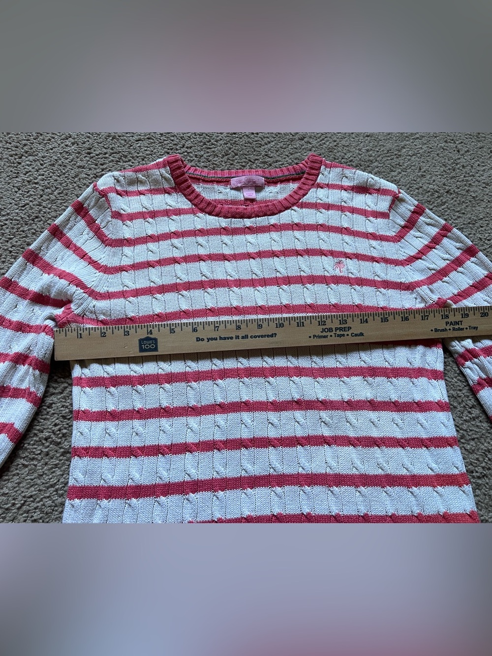 Lilly Pulitzer Pink & White Striped Cable Knit Cotton Sweater Palm Tree Logo L - Picture 6 of 9